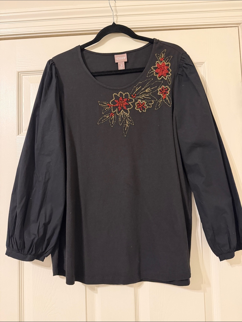 Chico's Black Long-Sleeve Top with Red Floral Bead Embellishment